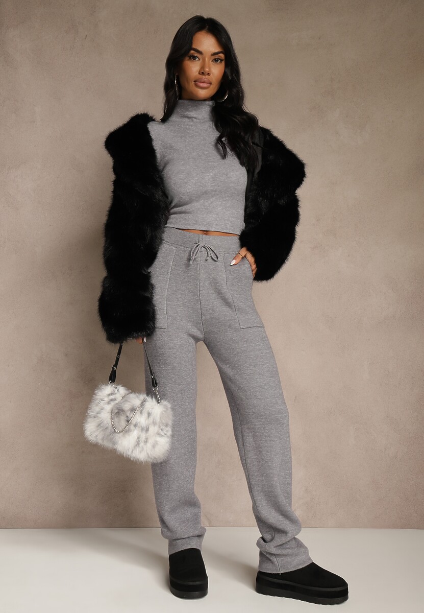 Szare Spodnie z Wełną ze Sznurkiem i Ozdobnymi Kieszeniami Moneressa