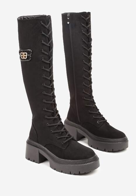 Czarne Kozaki Vices z Imitacji Zamszu w Stylu Grunge ze Sznurowaną Cholewką i Platformą Laurotte