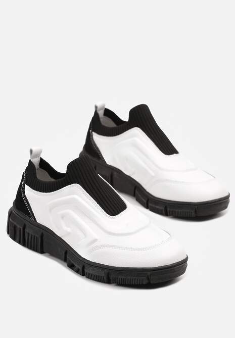 Czarno-Białe Sneakersy ze Skóry Naturalnej z Tłoczoną Cholewką Reflana