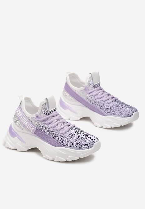 Fioletowe Sneakersy z Błyszczącymi Cyrkonami i Napisem Halerin