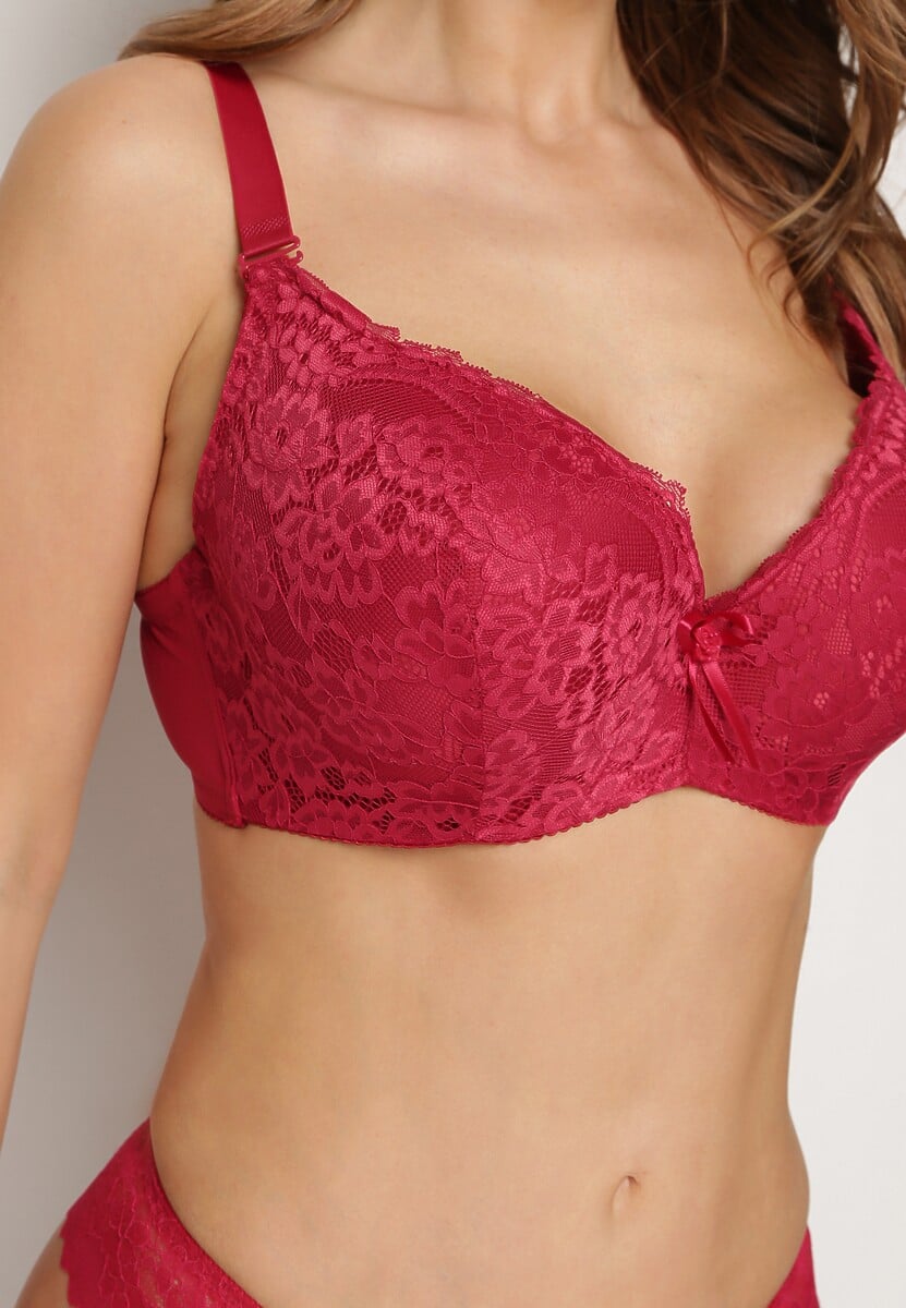 Bordowy Biustonosz z Wszytymi Gąbeczkami na Regulowanych Ramiączkach Ozdobiony Koronką Ellpina