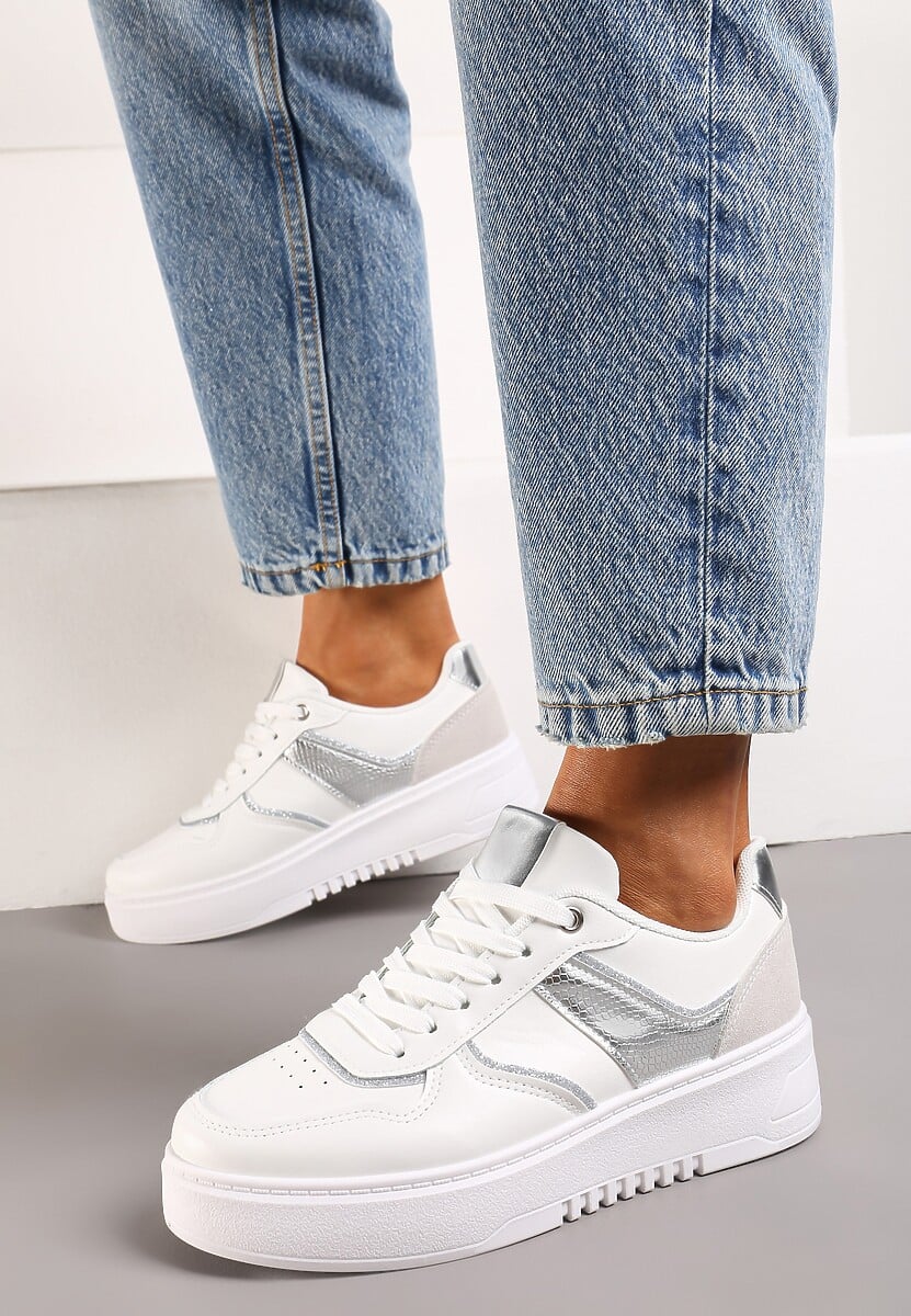 Biało-Srebrne Sneakersy na Platformie z Brokatowymi Akcentami Sellona