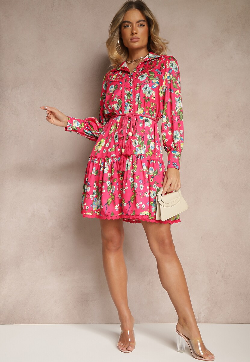 Fuksjowa Rozkloszowana Sukienka z Koronkowymi Wstawkami i Sznurkiem Payten