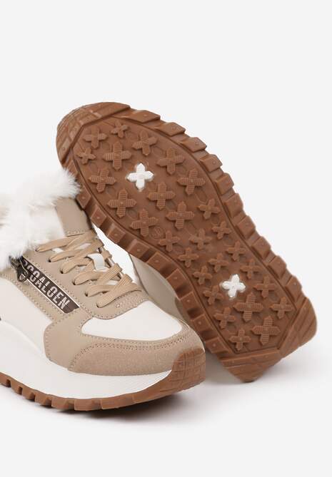 Beżowe Sneakersy na Platformie z Napisem Sznurowaniem i Futerkiem Vazina