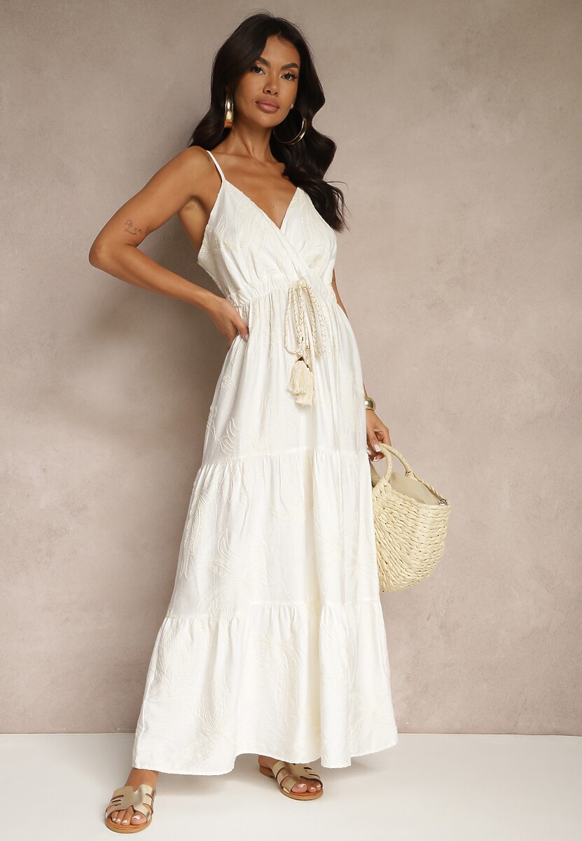 Brązowa Sukienka z Wiskozą ze Sznurkiem i Haftowanym Wzorem Liralette