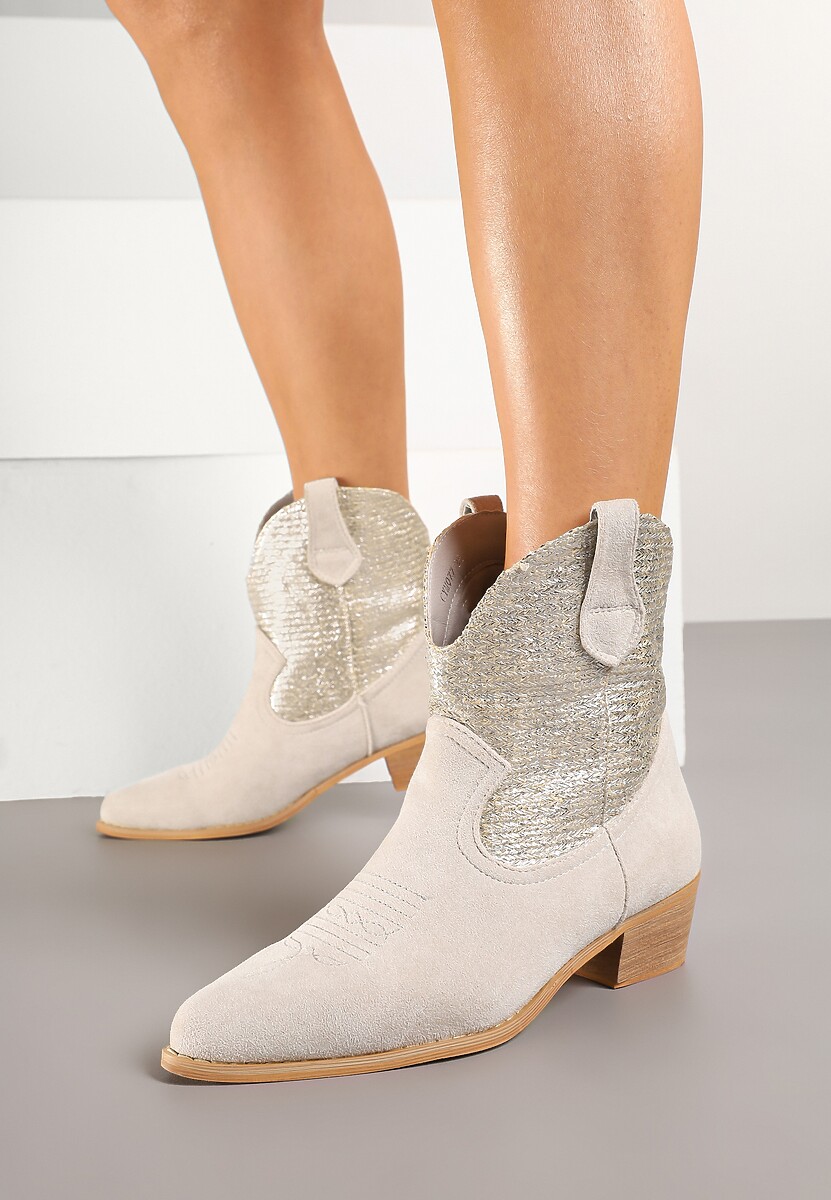 Jasnobeżowe Botki Typu Kowbojki na Niskim Obcasie Elearisha