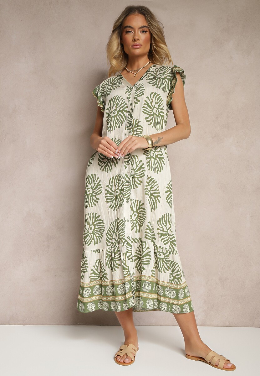 Zielona Sukienka Koszulowa z Wiskozą w Geometryczny Wzór Boredis