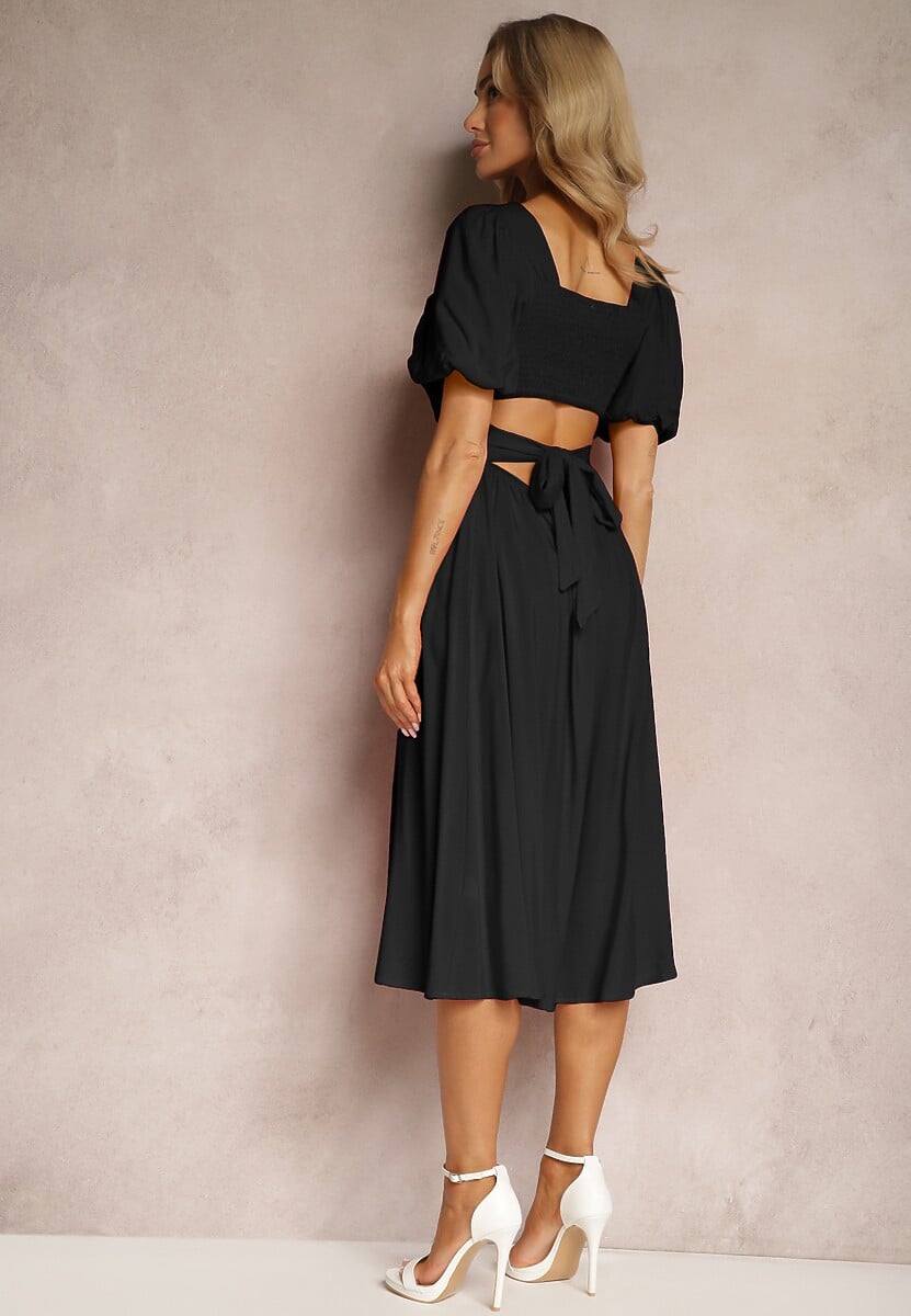 Czarna Wiskozowa Sukienka o Rozkloszowanym Kroju z Wycięciem na Plecach i Wiązaniem Dimiella