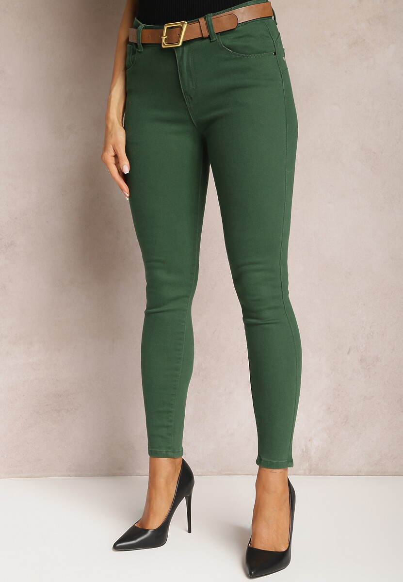 Ciemnozielone Jeansy Skinny z Paskiem z Klamerką Pisanne