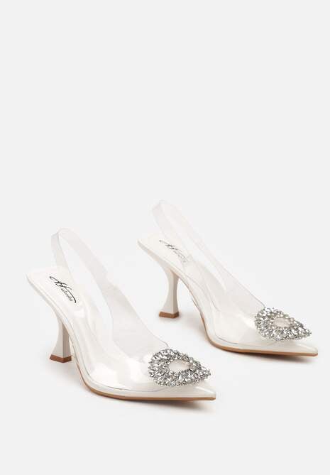 Białe Czółenka z Odkrytą Piętą i Transparentną Cholewką oraz Cyrkoniami Navieria