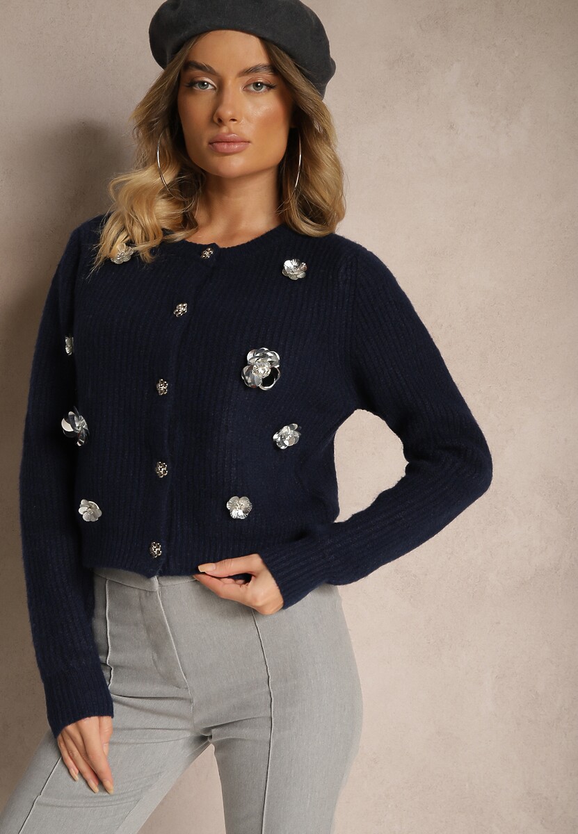 Granatowy Kardigan z Dodatkiem Wełny na Guziki z Kwiatami 3D Zemisya