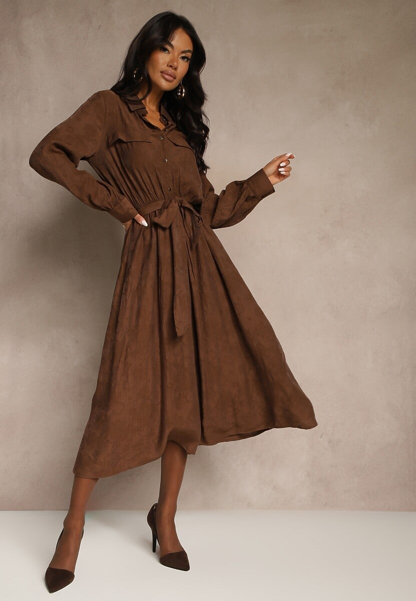 Brązowa Koszulowa Sukienka z Wiskozy o Rozkloszowanym Fasonie z Wiązaniem Isozera