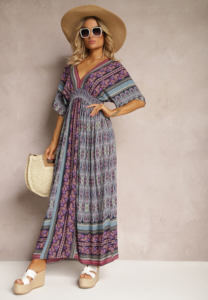 Fioletowo-Niebieska Sukienka w Stylu Etnicznym z Gumką w Pasie Wiązana na Plecach Lixara