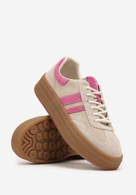 Beżowo-Fuksjowe Sneakersy Zamszowe na Platformie ze Skórzaną Wkładką Ozdobione Paskiem Adivrie