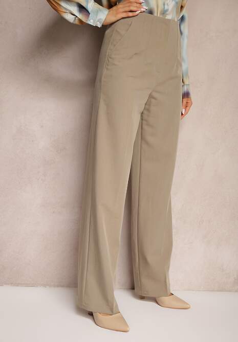 Ciemnobeżowe Szerokie Spodnie z Imitacją Kieszeni Garniturowe High Waist Iriniael