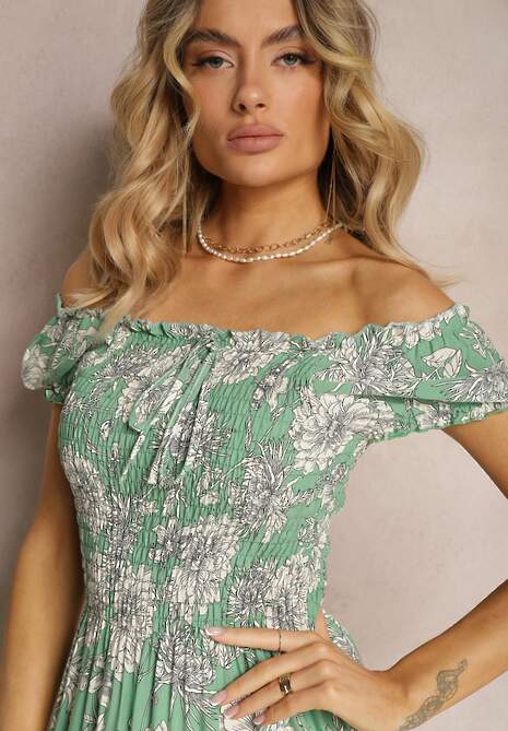 Zielona Wiskozowa Sukienka Hiszpanka z Marszczoną Górą Zimbia