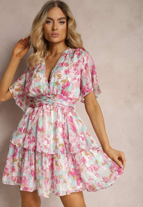 Różowa Taliowana Sukienka z Dzianinową Podszewką i Falbanami z Gumką w Talii Zonelia