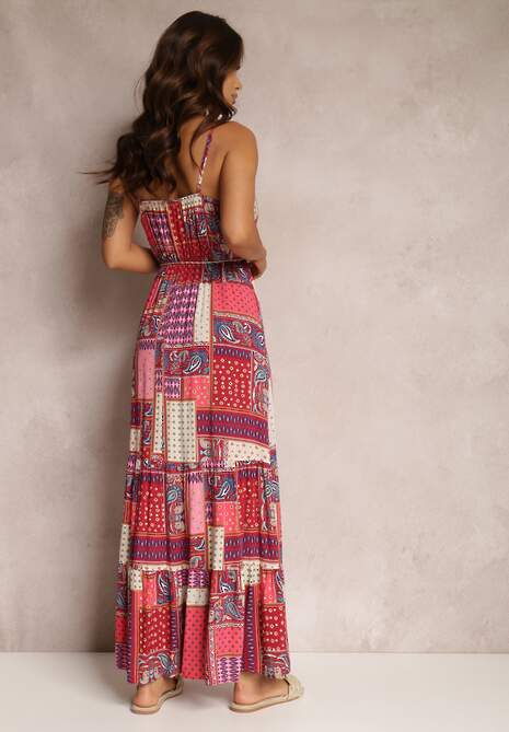 Bordowa Wiskozowa Sukienka o Kopertowym Kroju w Print Patchwork Grehan