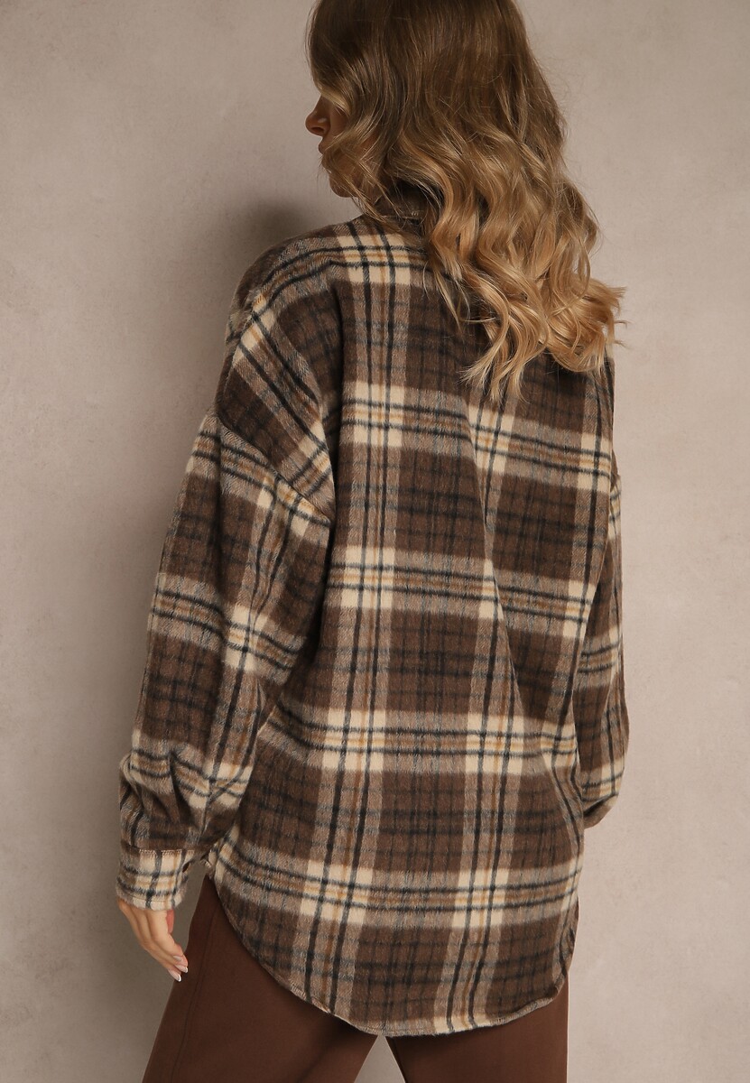 Brązowa Koszulowa Kurtka w Kratę Emitila