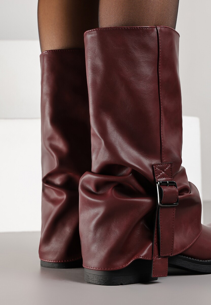 Bordowe Botki Bikery z Wywiniętą Cholewką z Marszczeniem i Klamrą Fenilea