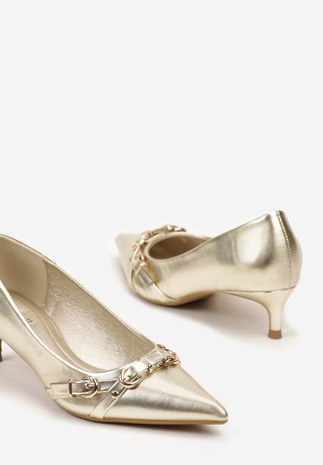 Złote Czółenka z Obcasem Stiletto i Ozdobnymi Klamrami Annamora