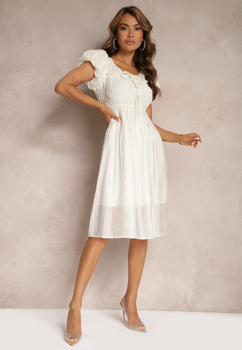 Jasnoróżowa Sukienka z Bufiastymi Rękawami i Gumką w Pasie o Rozkloszowanym Kroju Vikkitha