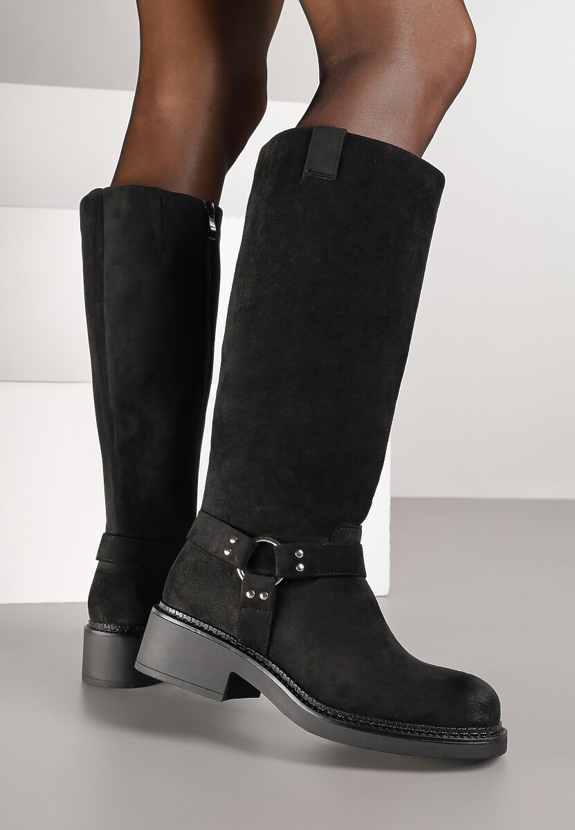 Czarne Kozaki Bikery z Metalicznymi Nitami i Klamrami Sedinea