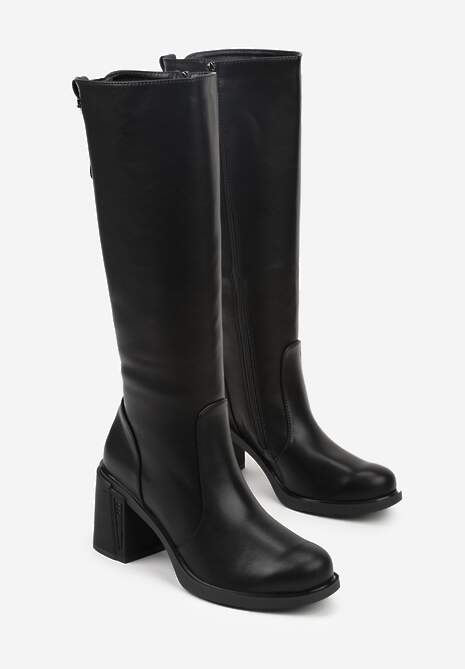 Czarne Kozaki VICES na Słupku ze Skóry Naturalnej Ozdobione Aplikacjami Refesa