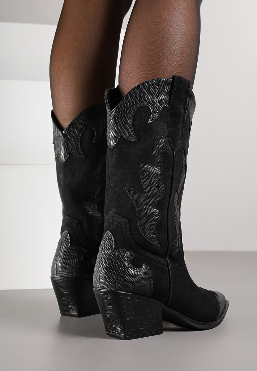 Czarne Kozaki Kowbojki na Stożku z Tłoczoną Cholewką Avrenne