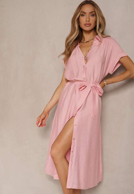 Różowa Koszulowa Sukienka z Wiskozy Ozdobiona Paskiem Rinalitia