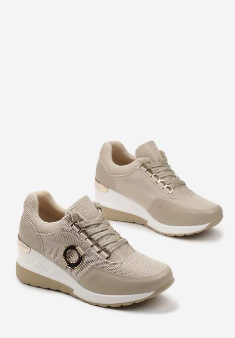 Beżowe Sneakersy na Koturnie z Metalicznymi Wstawkami Tapa