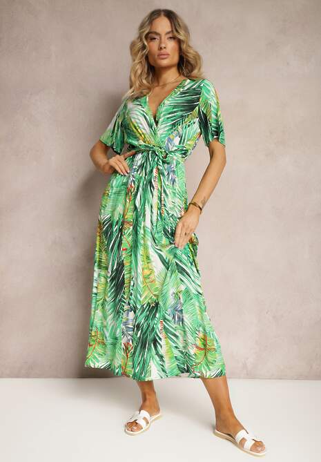 Biało-Zielona Wiskozowa Sukienka Kopertowa z Gumką i Paskiem w Talii Kiremia