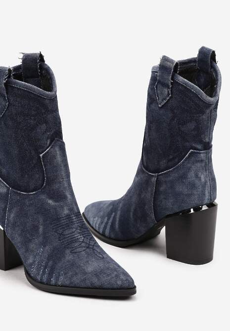 Granatowe Botki Typu Kowbojki na Słupku z Przeszywanymi Detalami Laorielle