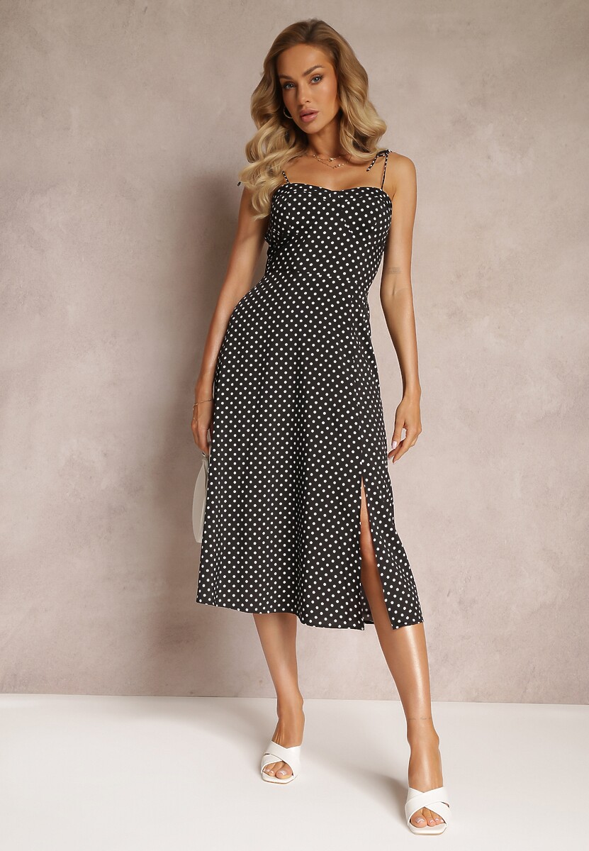 Czarna Rozkloszowana Sukienka Midi w Kropki na Ramiączkach Mabella