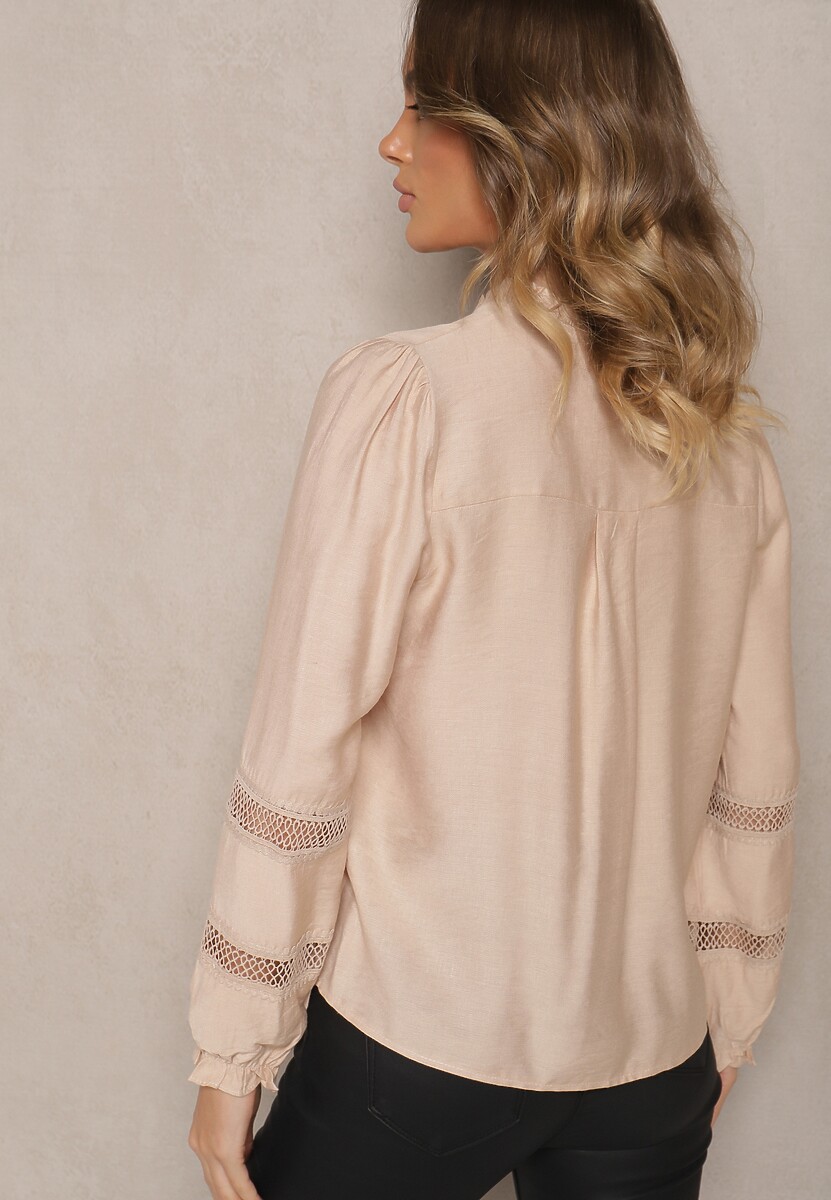 Beżowa Prosta Koszula z Wiskozy z Ozdobnymi Koronkowymi Wstawkami Cesiola