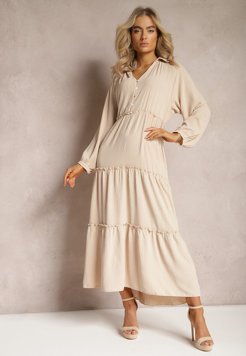 Beżowa Rozkloszowana Sukienka Maxi z Falbankami i Kołnierzykiem Rehtima