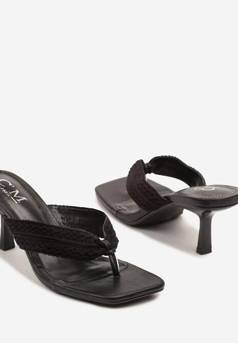 Czarne Klapki na Obcasie Szpilce w Stylu Japonek Ravzeki