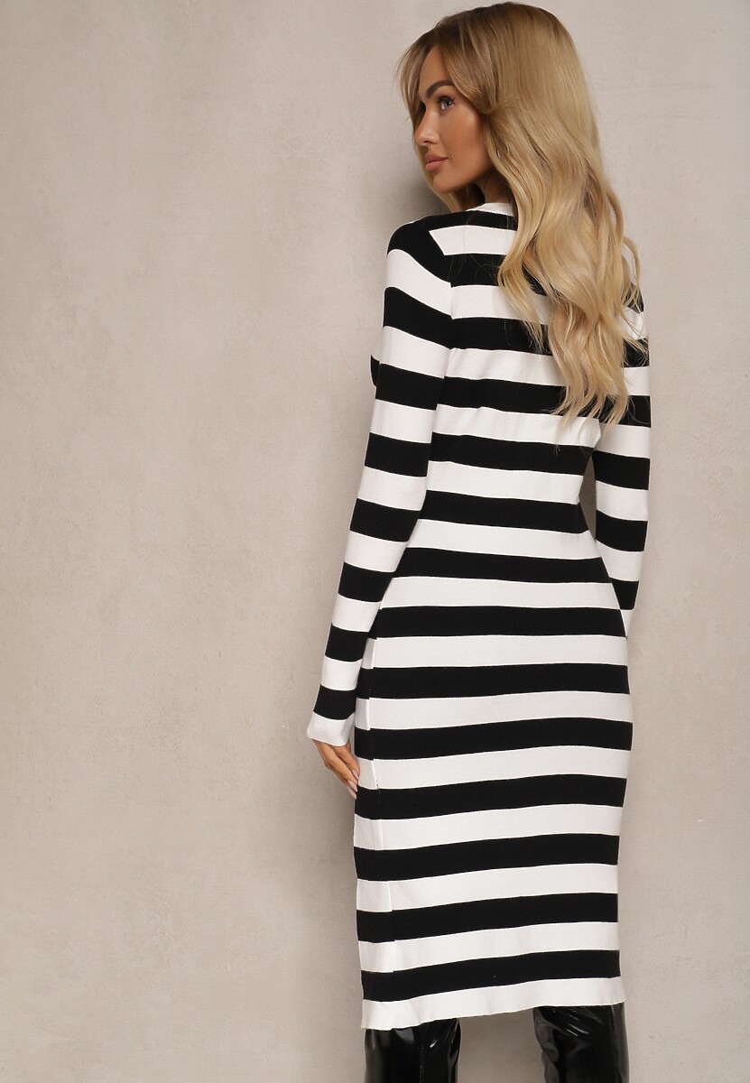Biało-Czarna Dopasowana Sukienka z Wiskozą i Modalem Ozdobiona Paskami Nalorin