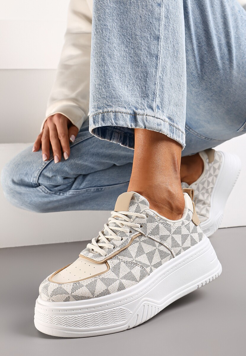 Biało-Szare Sneakersy na Platformie z Geometrycznym Wzorem Xyphera