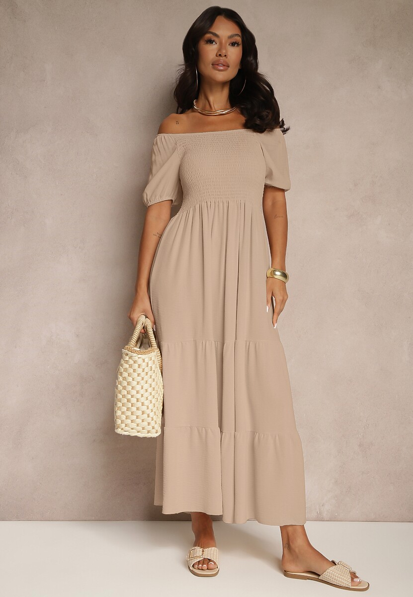 Beżowa Sukienka Hiszpanka z Marszczoną Górą Lumirielle