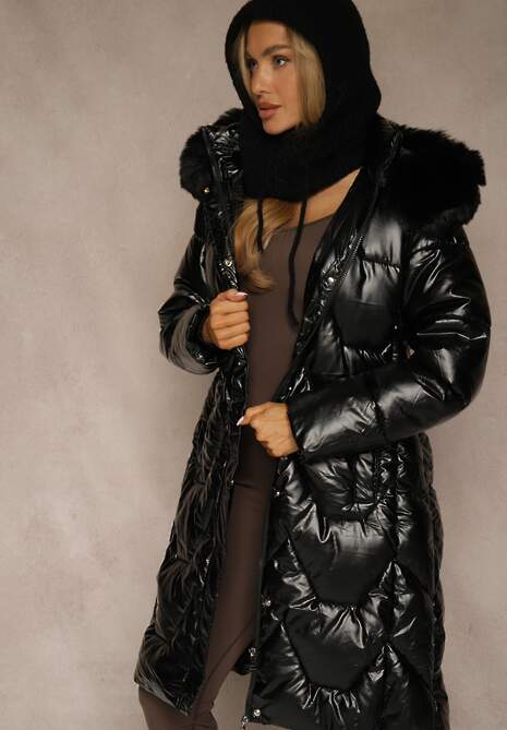 Czarna Pikowana Kurtka o Długim Kroju z Kapturem i Odpinanym Futrem Mocno Ocieplana Lillanea