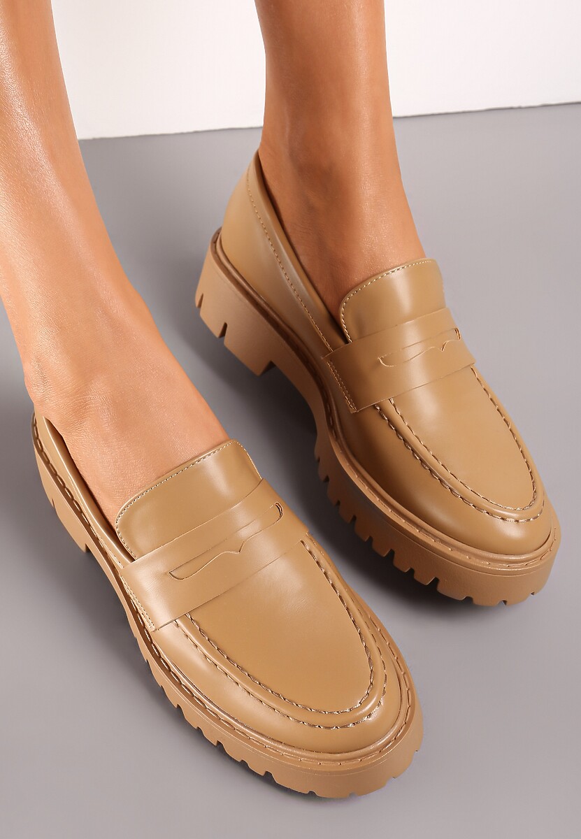 Ciemnobeżowe Mokasyny na Grubej Podeszwie z Przeszyciami Torindela