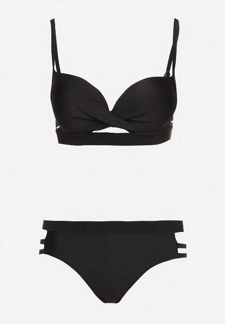 Czarne Bikini z Ozdobnymi Wycięciami Wiązany Biustonosz i Majtki Figi Kinessa