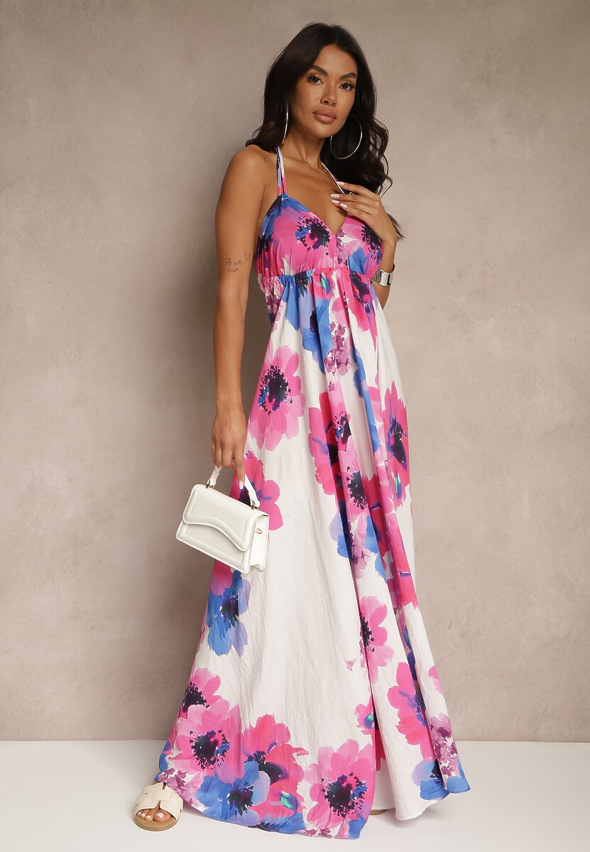 Fuksjowa Rozkloszowana Sukienka z Wiskozy w Kwiaty Wiązana z Tyłu Naluma