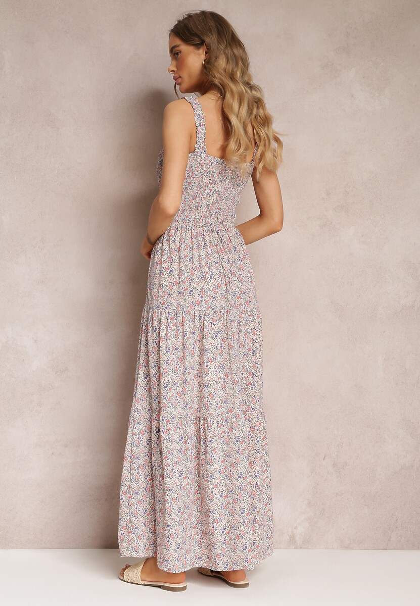 Jasnobeżowa Rozkloszowana Sukienka w Kwiaty na Ramiączkach Malaisia