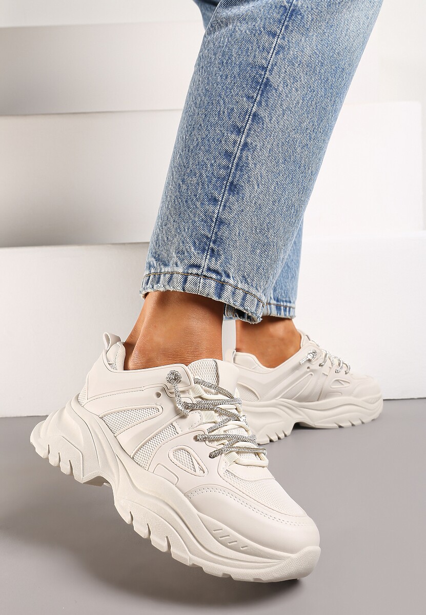 Beżowe Sneakersy na Nieregularnej Grubej Podeszwie z Cyrkoniami  Adirka