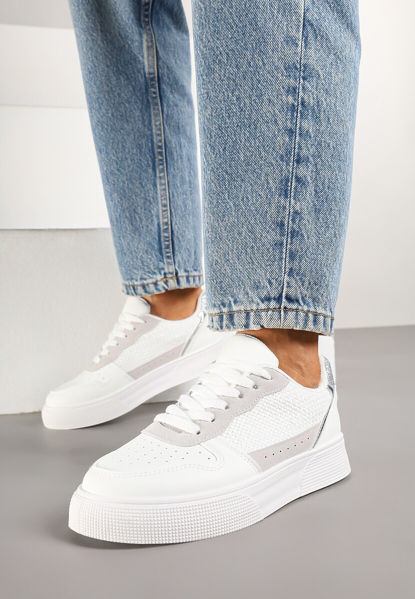 Białe Sneakersy na Platformie Ozdobione Plecionką Perforacją i Brokatem Tulreia