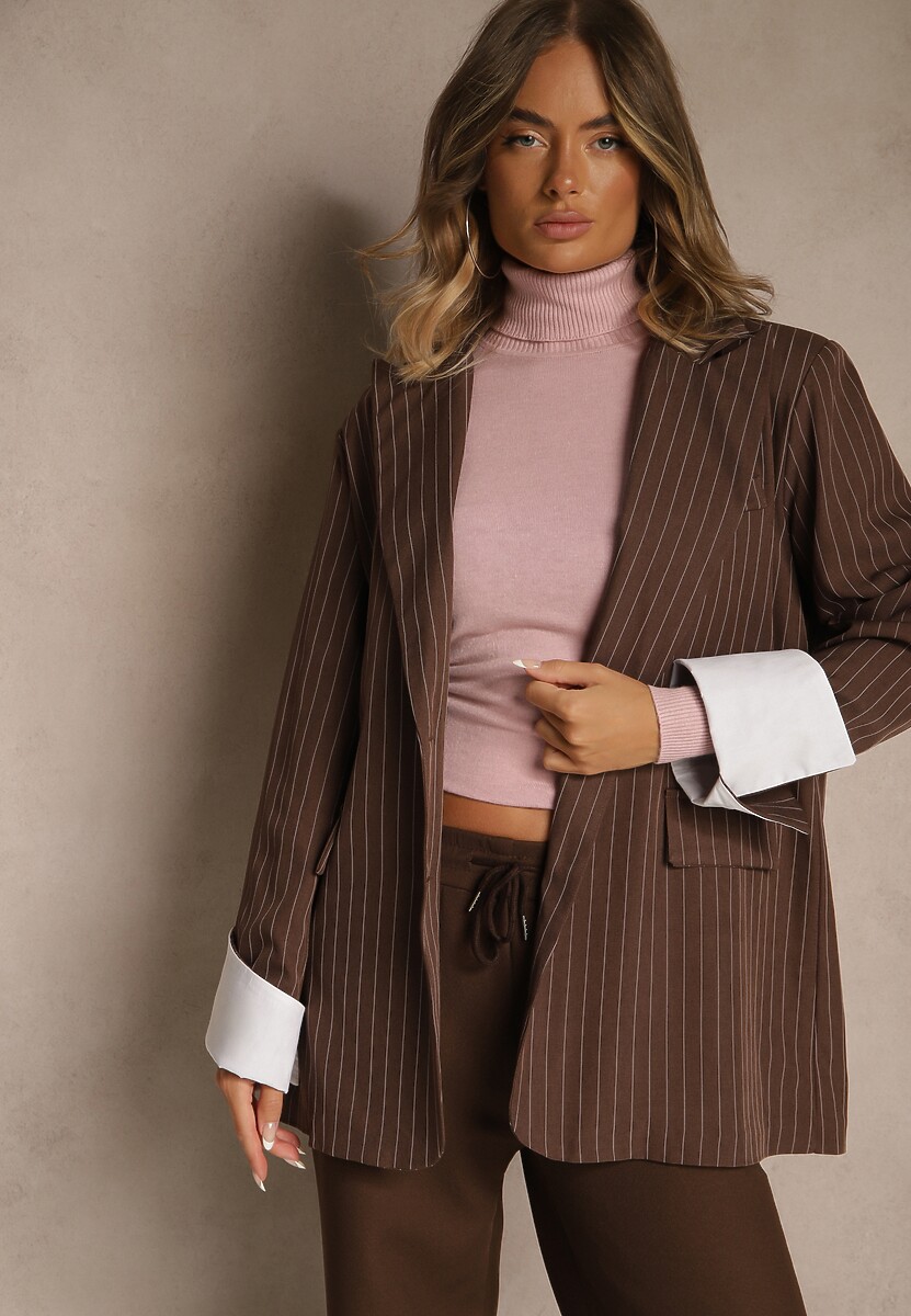 Ciemnobrązowa Marynarka Jednorzędowa o Pudełkowym Kroju w Pionowe Paski Eonevia