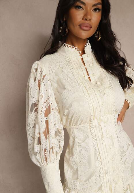 Beżowa Sukienka Koronkowa z Falbanką Hermamna