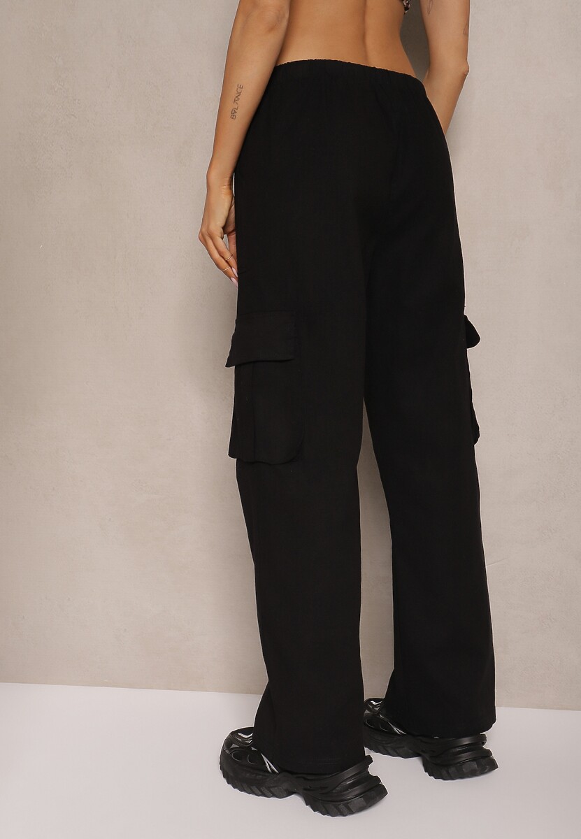 Czarne Spodnie z Bawełny o Szerokim Kroju Cargo High Waist Katienne